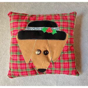 Handmade12x12 Dachshund Pillow Button Eyes Holly On Hat Plaid Front & Cream Back